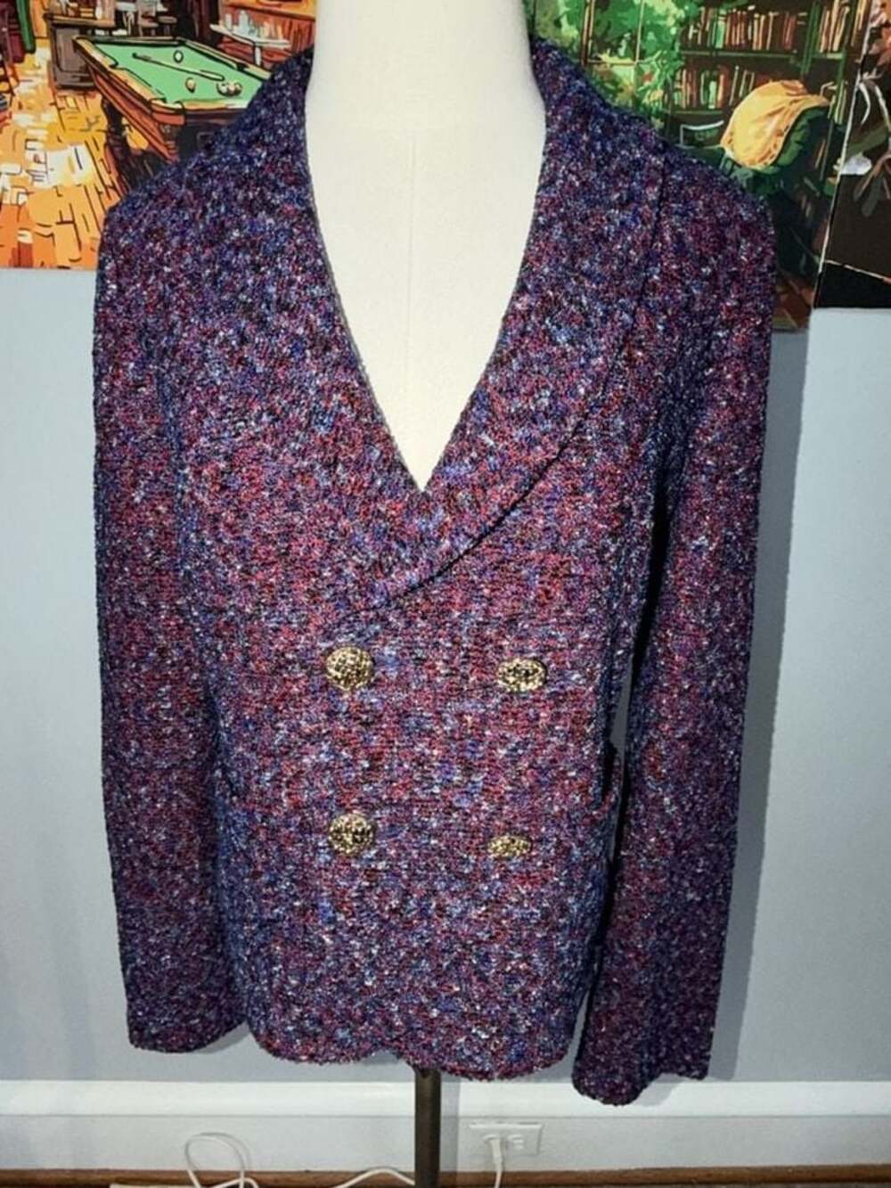 St. John Red and Blue Boucle Blazer Jacket size 8